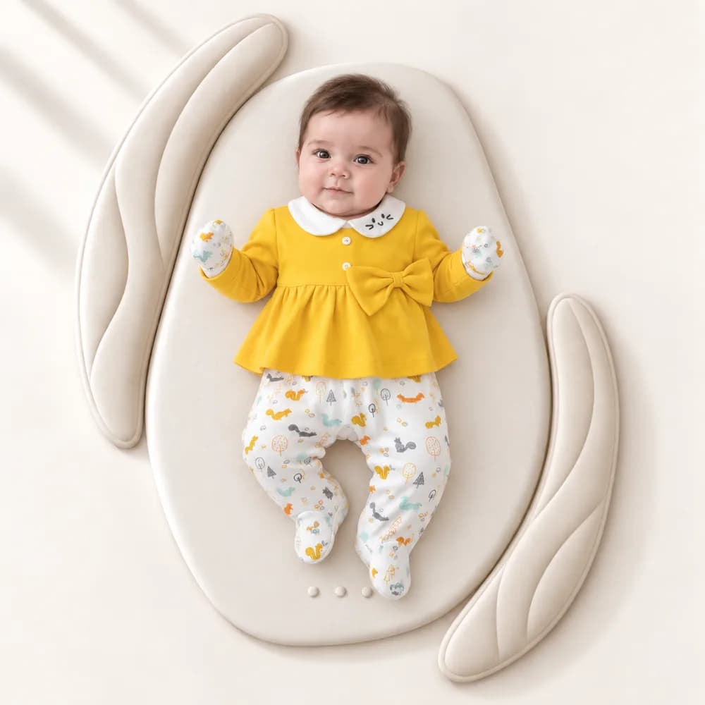 Bébé portant l'ensemble Petits Écureuils jaune avec ses moufles assorties