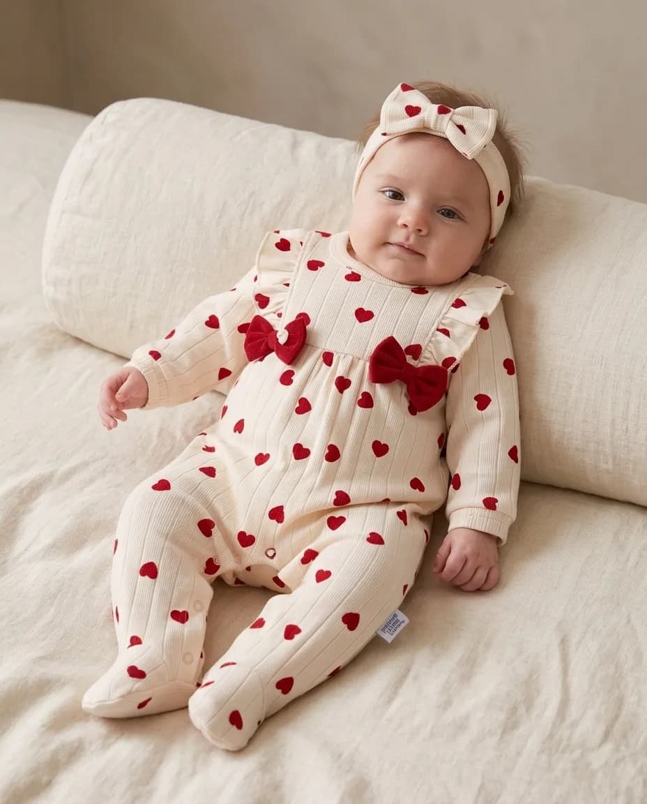 Ensemble Pluie de Cœurs blanc avec son imprimé rouge et son bandeau assorti